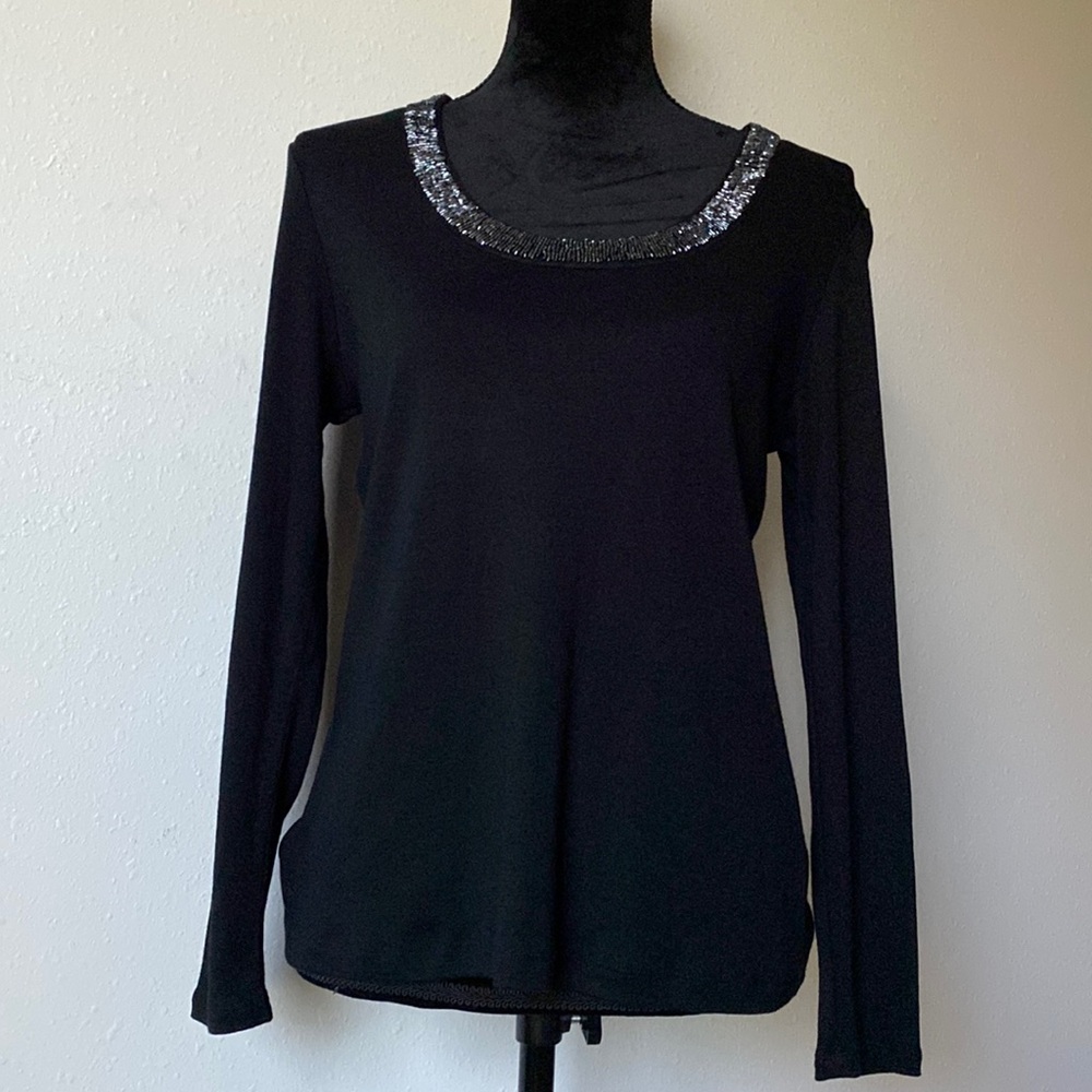 Black Long Sleeve Top w/ Beaded Neckline - Apt. 9